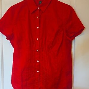 Lauren Ralph Lauren L 100% Linen Tuxedo Top Button Up Shirt Blouse Red Pintuck